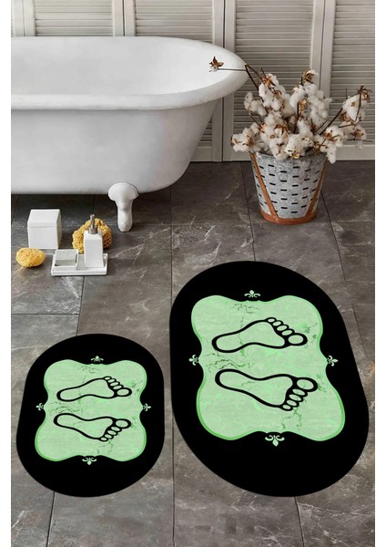Dijital Baskılı Yıkanabilir Modern Ayak Izi Desenli Ikili Oval Banyo Halısı, Klozet-20-Yeşil,