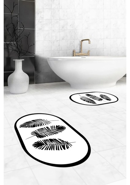 Dijital Baskılı Yıkanabilir Renkli Yapraklı Desen Ikili Banyo Halısı Oval, Klozet-26-Beyaz, modelleri