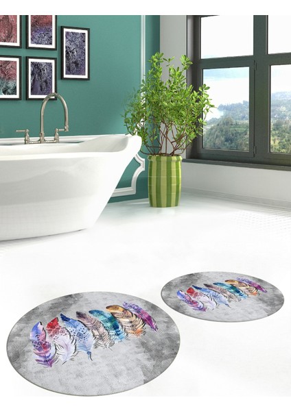 Dijital Baskılı Yıkanabilir Renkli Etnik Yaprak Desen Ikili Banyo Halısı Yuvarlak, Klozet-25-Gri,