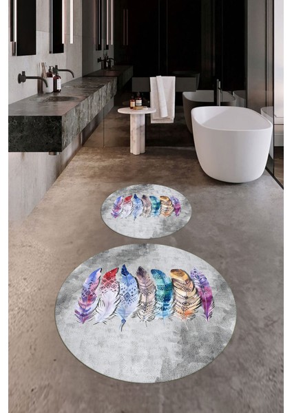 Dijital Baskılı Yıkanabilir Renkli Etnik Yaprak Desen Ikili Banyo Halısı Yuvarlak, Klozet-25-Gri,