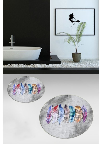 Dijital Baskılı Yıkanabilir Renkli Etnik Yaprak Desen Ikili Banyo Halısı Yuvarlak, Klozet-25-Gri,