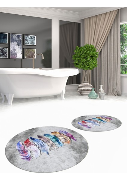 Dijital Baskılı Yıkanabilir Renkli Etnik Yaprak Desen Ikili Banyo Halısı Yuvarlak, Klozet-25-Gri,
