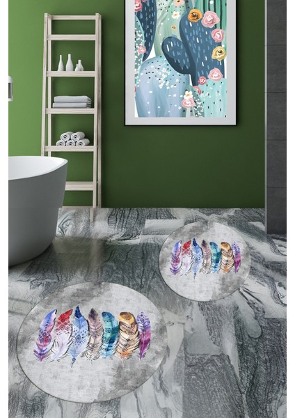 Dijital Baskılı Yıkanabilir Renkli Etnik Yaprak Desen Ikili Banyo Halısı Yuvarlak, Klozet-25-Gri,