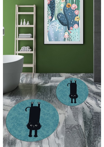 Dijital Baskılı Yıkanabilir Sevimli Kedi Ikili Banyo Halısı Paspas Yuvarlak, Klozet-39-Mavi, fiyatları