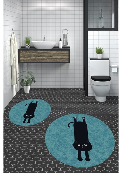 Dijital Baskılı Yıkanabilir Sevimli Kedi Ikili Banyo Halısı Paspas Yuvarlak, Klozet-39-Mavi, modelleri