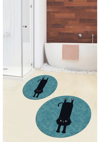 Dijital Baskılı Yıkanabilir Sevimli Kedi Ikili Banyo Halısı Paspas Yuvarlak, Klozet-39-Mavi, indirimleri