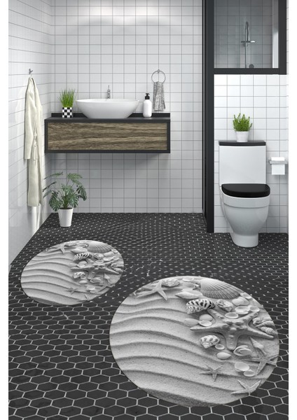 3D Dijital Baskılı Yıkanabilir Modern Ikili Banyo Halısı Paspas Yuvarlak, Klozet-48-Gri, fiyatları