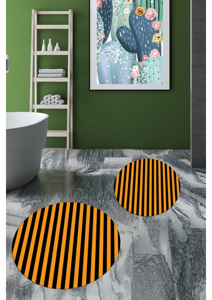 Dijital Baskılı Yıkanabilir Çizgili Modern Ikili Banyo Halısı Paspas Yuvarlak, Klozet-50-Turuncu,