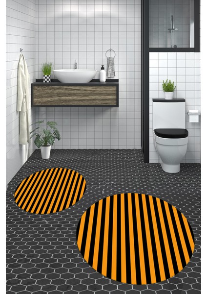 Dijital Baskılı Yıkanabilir Çizgili Modern Ikili Banyo Halısı Paspas Yuvarlak, Klozet-50-Turuncu, fiyatları