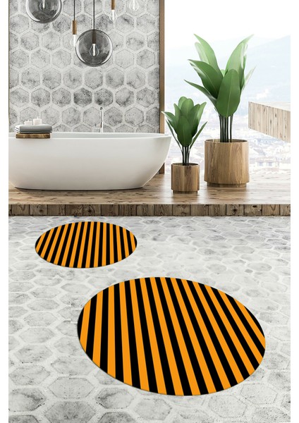 Dijital Baskılı Yıkanabilir Çizgili Modern Ikili Banyo Halısı Paspas Yuvarlak, Klozet-50-Turuncu, modelleri