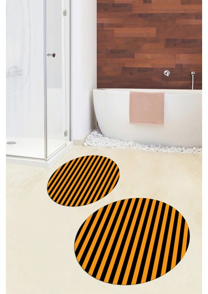 Dijital Baskılı Yıkanabilir Çizgili Modern Ikili Banyo Halısı Paspas Yuvarlak, Klozet-50-Turuncu, fırsatları