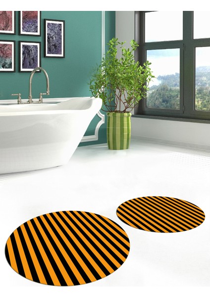 Dijital Baskılı Yıkanabilir Çizgili Modern Ikili Banyo Halısı Paspas Yuvarlak, Klozet-50-Turuncu, indirimleri