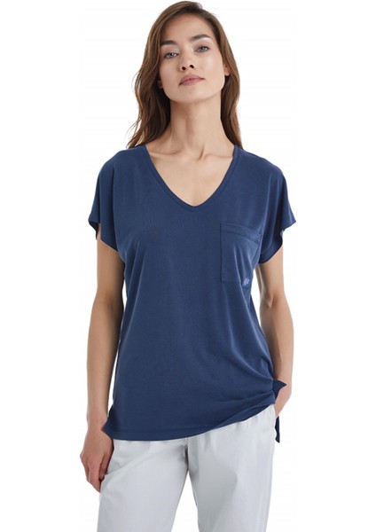 BLACKSPADE-60400-KADIN Kısa Kollu V Yaka T-Shirt-Lacivert fırsatları