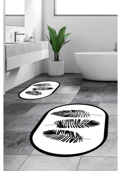 Dijital Baskılı Yıkanabilir Renkli Yapraklı Desen Ikili Banyo Halısı Oval, Klozet-26-Beyaz, indirimleri