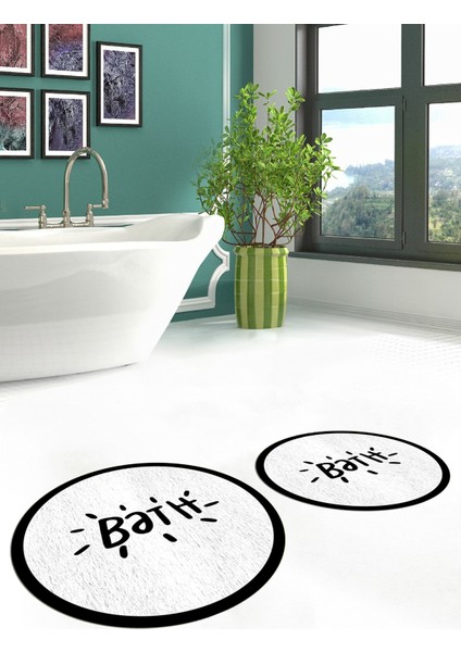 Dijital Baskılı Yıkanabilir Çerçeveli Bath Yazılı Ikili Yuvarlak Banyo Halısı Paspas, Klozet-10-Beyaz, modelleri
