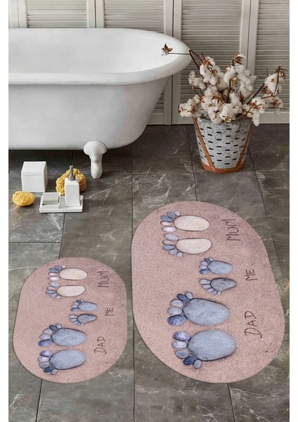 3D Dijital Baskılı Yıkanabilir Anne Baba Çocuk Ikili Oval Banyo Halısı, Klozet-16-Mavi,