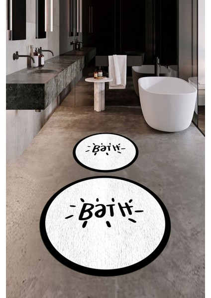 Dijital Baskılı Yıkanabilir Çerçeveli Bath Yazılı Ikili Yuvarlak Banyo Halısı Paspas, Klozet-10-Beyaz, fırsatları