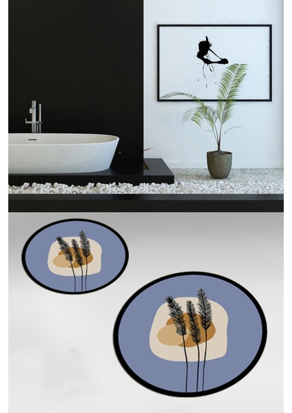Dijital Baskılı Yıkanabilir Renkli Çiçekli Ikili Banyo Halısı Paspas Yuvarlak, Klozet-28-Mavi, fiyatları