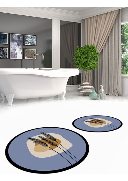 Dijital Baskılı Yıkanabilir Renkli Çiçekli Ikili Banyo Halısı Paspas Yuvarlak, Klozet-28-Mavi, modelleri