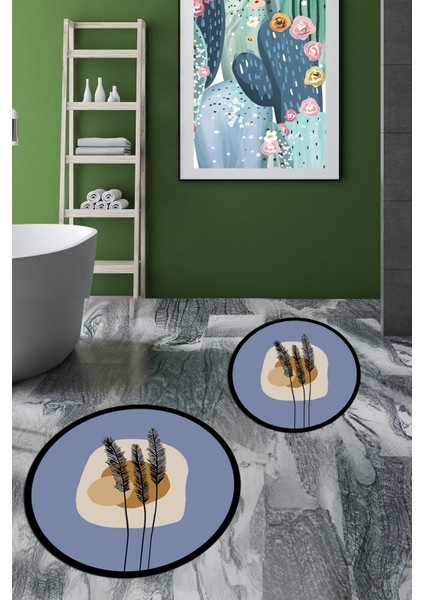 Dijital Baskılı Yıkanabilir Renkli Çiçekli Ikili Banyo Halısı Paspas Yuvarlak, Klozet-28-Mavi, fırsatları