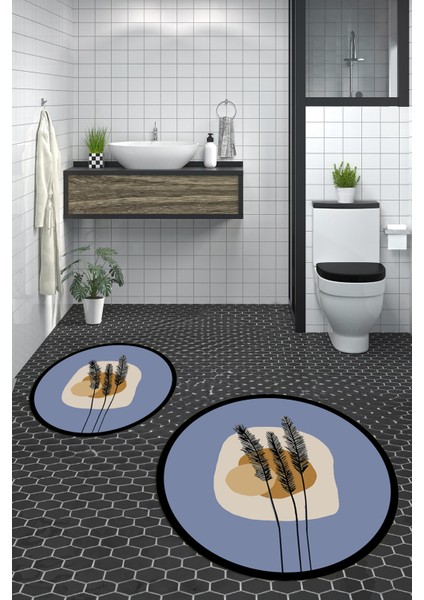 Dijital Baskılı Yıkanabilir Renkli Çiçekli Ikili Banyo Halısı Paspas Yuvarlak, Klozet-28-Mavi, indirimleri