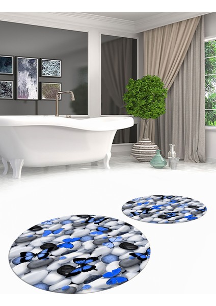3D Dijital Baskılı Yıkanabilir Kelebek Desenli Ikili Banyo Halısı Paspas Yuvarlak, Klozet-44-Mavi,