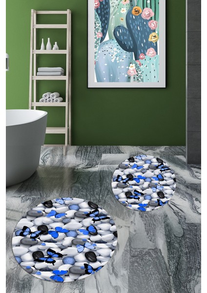 3D Dijital Baskılı Yıkanabilir Kelebek Desenli Ikili Banyo Halısı Paspas Yuvarlak, Klozet-44-Mavi, fiyatları