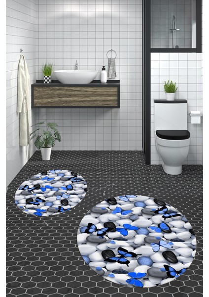 3D Dijital Baskılı Yıkanabilir Kelebek Desenli Ikili Banyo Halısı Paspas Yuvarlak, Klozet-44-Mavi, modelleri