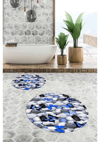 3D Dijital Baskılı Yıkanabilir Kelebek Desenli Ikili Banyo Halısı Paspas Yuvarlak, Klozet-44-Mavi, fırsatları