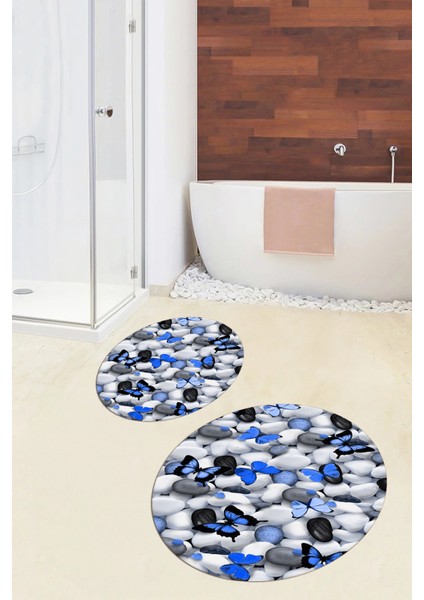 3D Dijital Baskılı Yıkanabilir Kelebek Desenli Ikili Banyo Halısı Paspas Yuvarlak, Klozet-44-Mavi, indirimleri