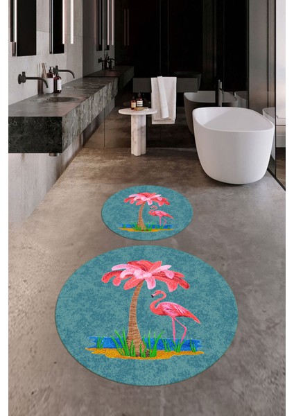 Dijital Baskılı Yıkanabilir Flamingo Desenli Ikili Banyo Halısı Paspas Yuvarlak, Klozet-30-Mavi,