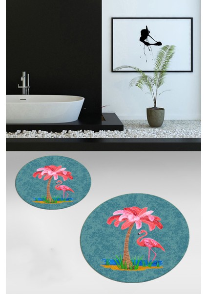 Dijital Baskılı Yıkanabilir Flamingo Desenli Ikili Banyo Halısı Paspas Yuvarlak, Klozet-30-Mavi, fiyatları