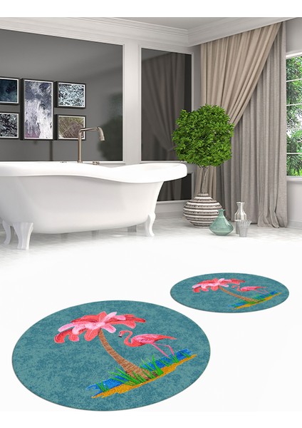 Dijital Baskılı Yıkanabilir Flamingo Desenli Ikili Banyo Halısı Paspas Yuvarlak, Klozet-30-Mavi, modelleri