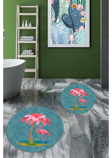 Dijital Baskılı Yıkanabilir Flamingo Desenli Ikili Banyo Halısı Paspas Yuvarlak, Klozet-30-Mavi, fırsatları