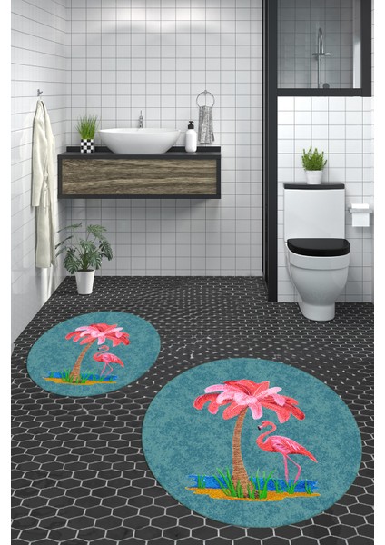 Dijital Baskılı Yıkanabilir Flamingo Desenli Ikili Banyo Halısı Paspas Yuvarlak, Klozet-30-Mavi, indirimleri