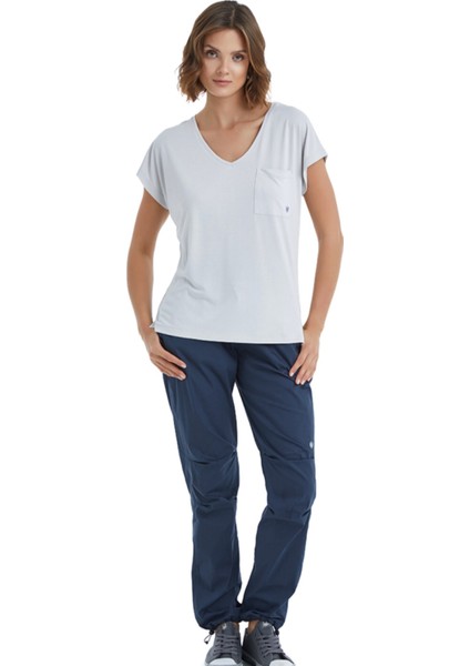 BLACKSPADE-60400-KADIN Kısa Kollu V Yaka T-Shirt-Gri