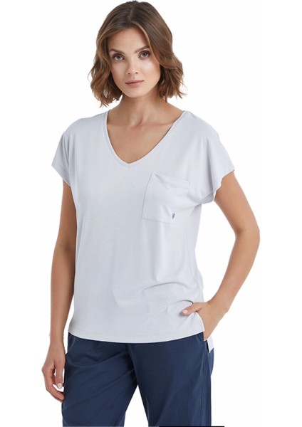 BLACKSPADE-60400-KADIN Kısa Kollu V Yaka T-Shirt-Gri modelleri