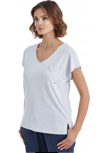 BLACKSPADE-60400-KADIN Kısa Kollu V Yaka T-Shirt-Gri fırsatları