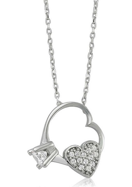 Gümüş Kalp Tek Taş Bayan Kolye