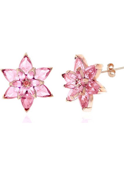 Gümüş Rose Pembe Lotus Çiçeği Çivili Kadın Küpe
