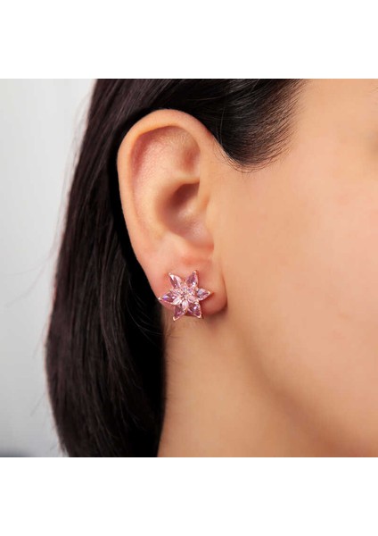 Gümüş Rose Pembe Lotus Çiçeği Çivili Kadın Küpe