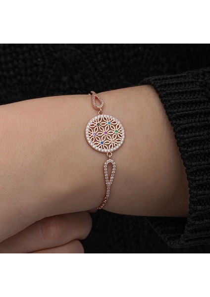 ​Gümüş Rose Renkli Yaşam Çiçeği Kadın Bileklik