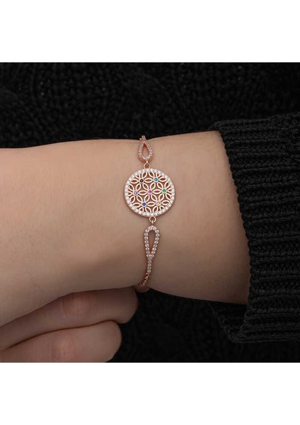 ​Gümüş Rose Renkli Yaşam Çiçeği Kadın Bileklik