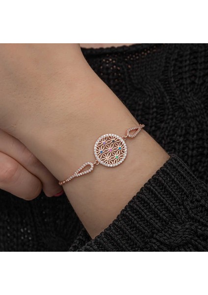 ​Gümüş Rose Renkli Yaşam Çiçeği Kadın Bileklik