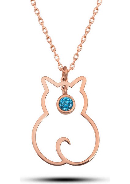 Gümüş Mart Ayı Doğum Taşı Kedi Kadın Kolye