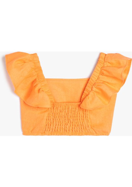 Keten Crop Bluz Kelebek Kollu Kare Yaka