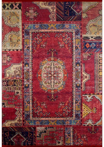 Klasik Kırmızı Dijital Baskılı Makinede Yıkanabilir Kaymaz Taban Saçaklı Halı Hk057