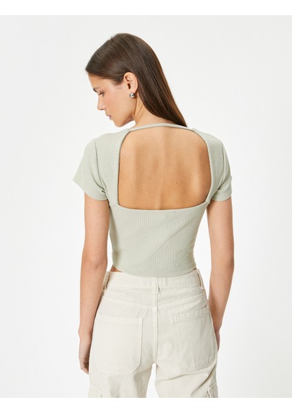 Sırt Dekolteli Tişört Crop Kısa Kollu Fitilli Slim Fit