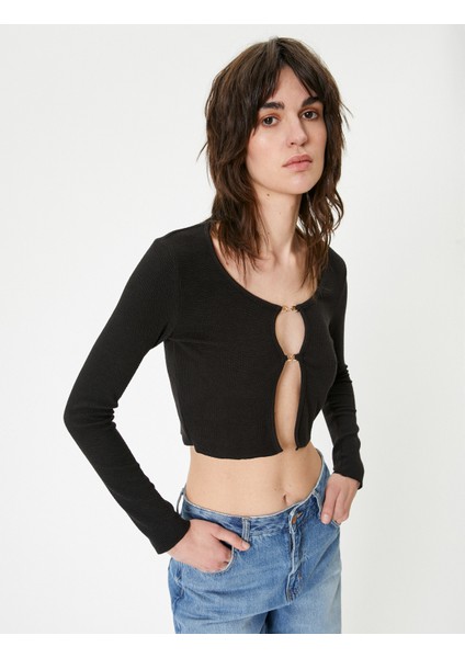 Crop Hırka Bisiklet Yaka Metal Aksesuarlı