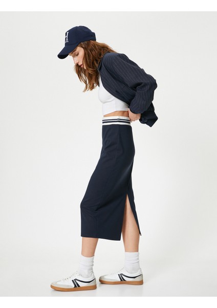 Midi Kalem Etek Beli Lastikli Renk Kontrastlı Yırtmaçlı Slim Fit